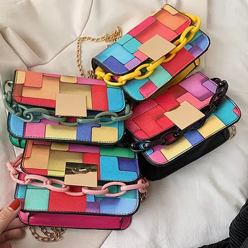 2021 nova moda três dimensionais impressão crossbody cor contraste ocidental corrente pequena quadrada saco