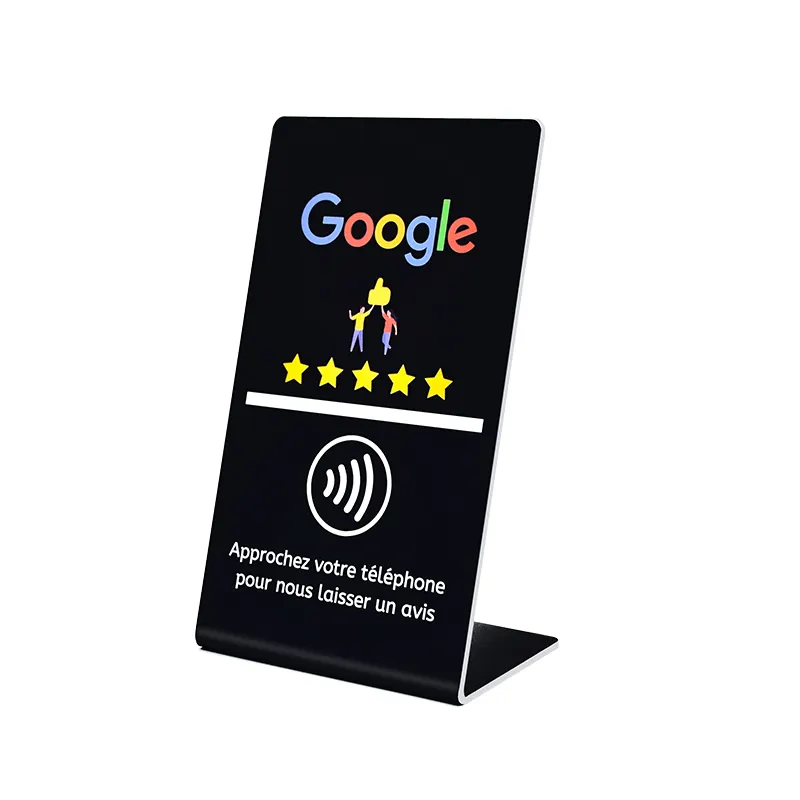 Impresión a todo color de plástico NTAG215 PVC Google Review Gift NFC Stand Tarjeta RFID Código QR y soporte NFC