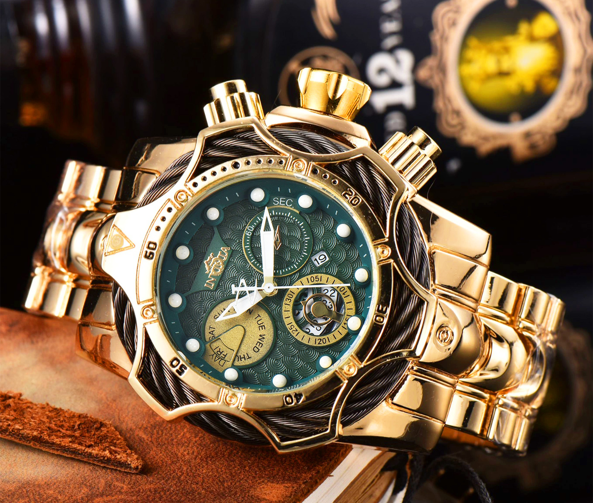 Gold case-black strap-green dial