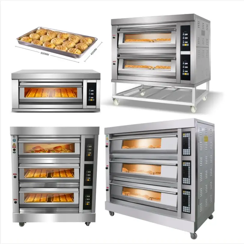 Horno industrial guangzhou commercial cake pizza bread making 2 3 deck 6 9 teglie forni elettrici da forno a gas in vendita cottura