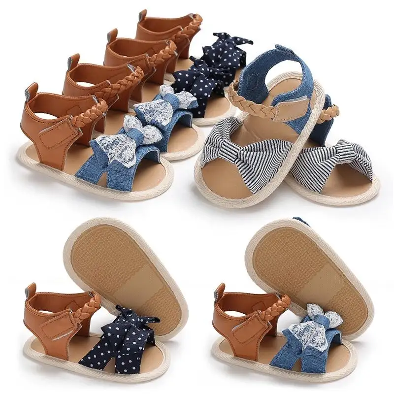 Sapatos de verão para meninas recém-nascidas, calçados casuais e macios para primeiros passos de lona pu com laço para crianças pequenas 2019