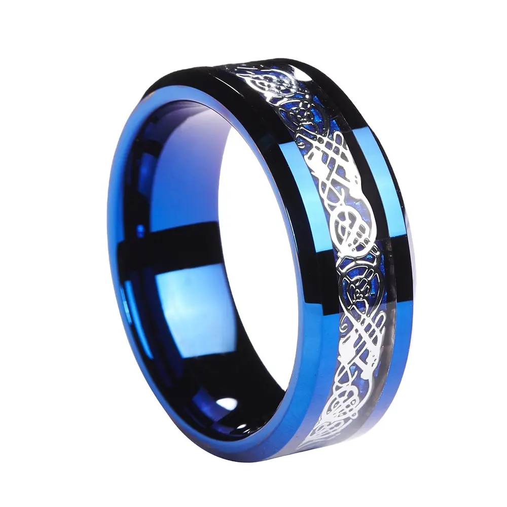 Hots Verkoop 8Mm Wolfraam Ring Keltische Dragon Bands Blauwe Koolstofvezel Heren Sieraden Dragon Trouwring Sieraden