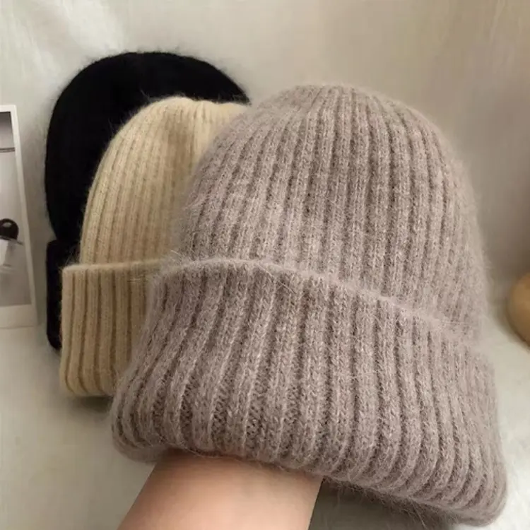 Gorro de doble capa con puños gruesos y cálidos para invierno de alta calidad, gorro de piel de conejo personalizado para mujer, venta al por mayor,