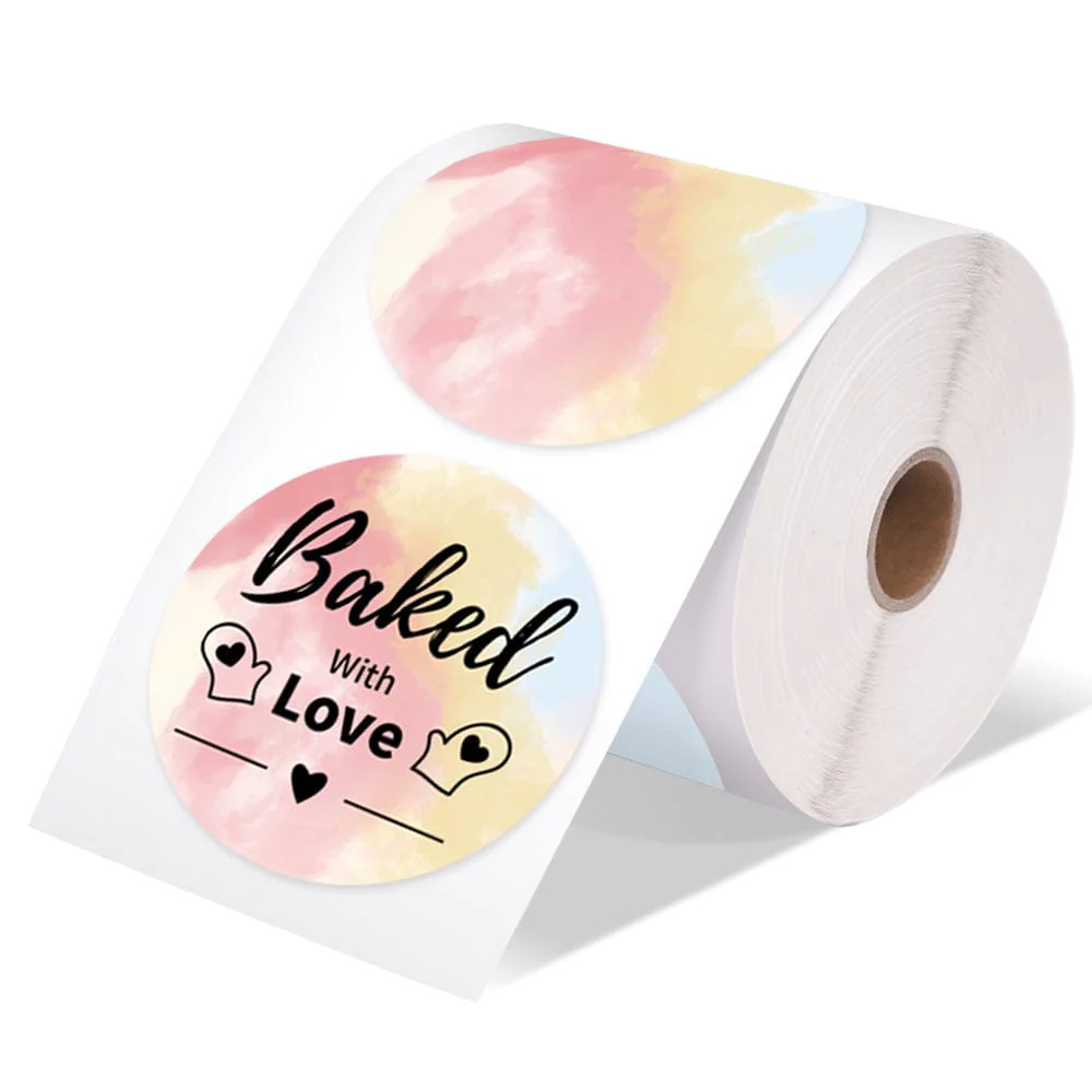 กระดาษสติกเกอร์กลมสีสันสดใส พื้นขาว ขนาด 3x3 นิ้ว 500 แผ่น พิมพ์สีดำ