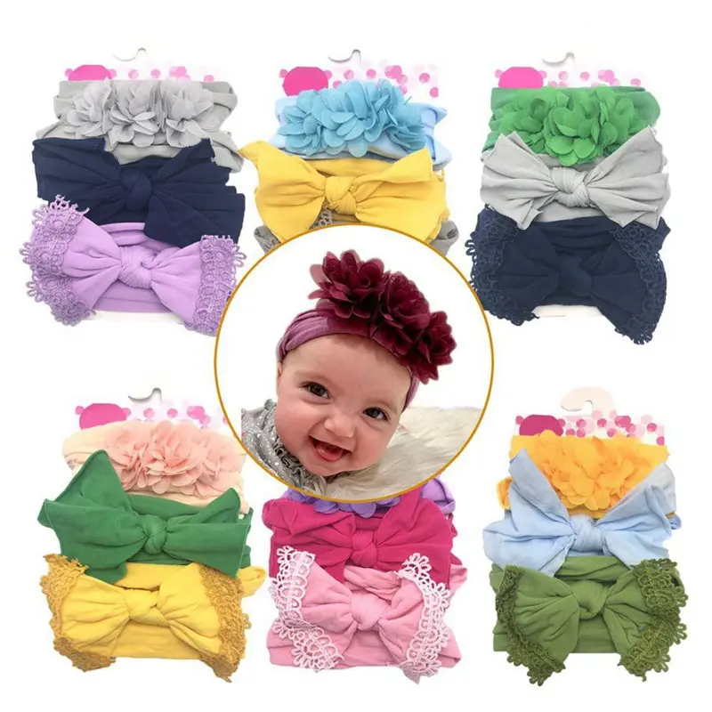 P107056 Baby girls ball bow turban 3pcs/set infant elastic hair bands children knot headwear kids hair accessories headbands