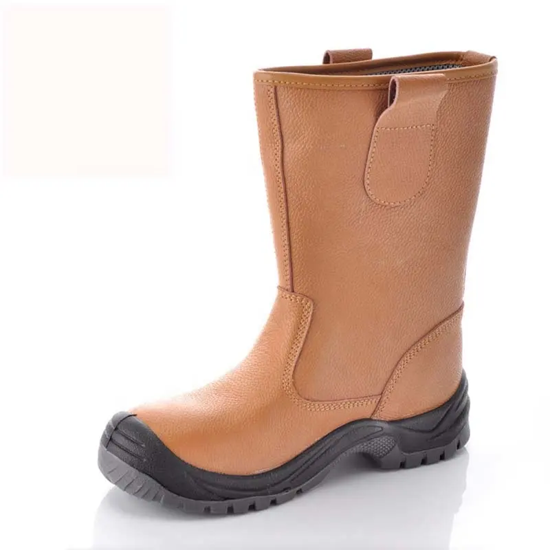 Bottes de sécurité orange haute qualité en cuir véritable pour champ d'huile avec semelle extérieure en PU, bout en acier, anti-écrasement