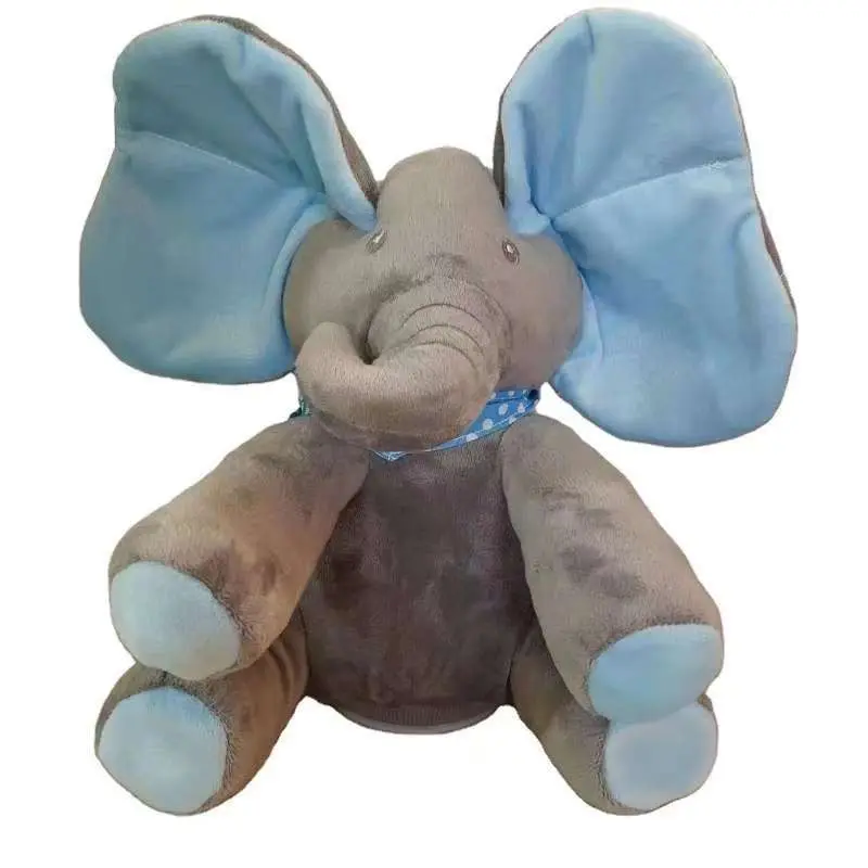 Peekaboo elétrico ventilador de orelha de elefante interativo falante brinquedo de pelúcia elétrico