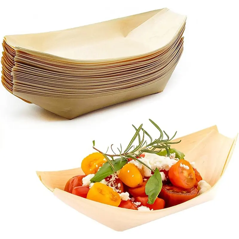 Natural Pinewood Take Out Trays Disposable Wood Serving Sushi Boats Plates Trays