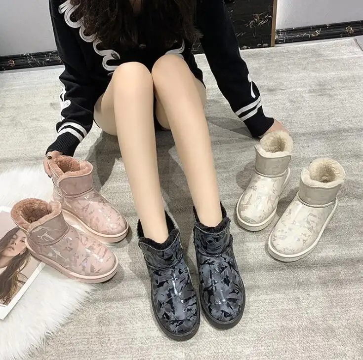 Botas de nieve estampadas para mujer, moda Coreana de tubo corto, parte inferior plana gruesa, de terciopelo para mantener el calor, 2021