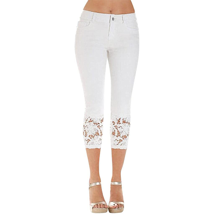 White plus size lace trim denim capri leggings