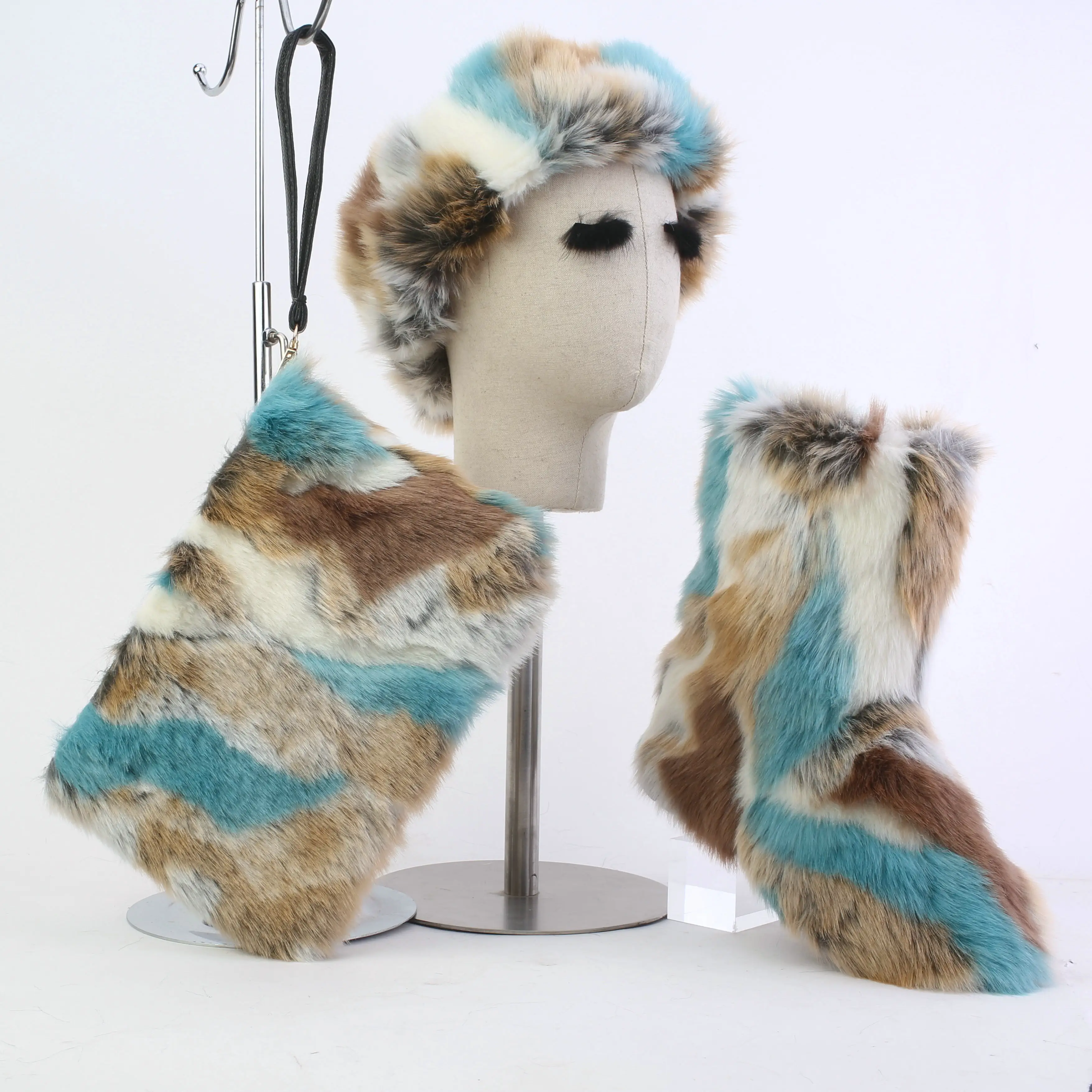 Stivali di pelliccia pelosi invernali all'ingrosso con fascia e borsa stivali di pelliccia di coniglio da donna
