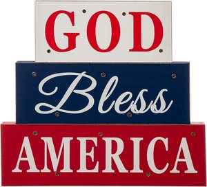 Giorno dell'indipendenza decorazione della tavola in legno americano angosciato segno di blocco dio Bless America con tecnica dipinta a LED - Product Image 2