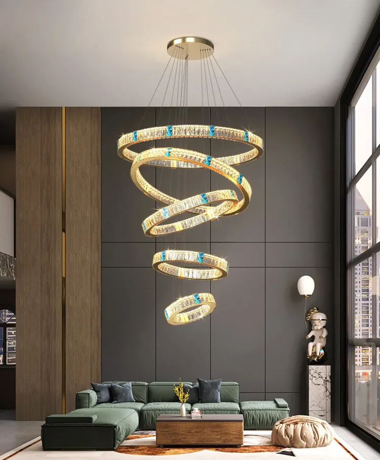 Luminária de teto LED moderna com 5 anéis ajustável em aço inoxidável para quartos e salas de estar