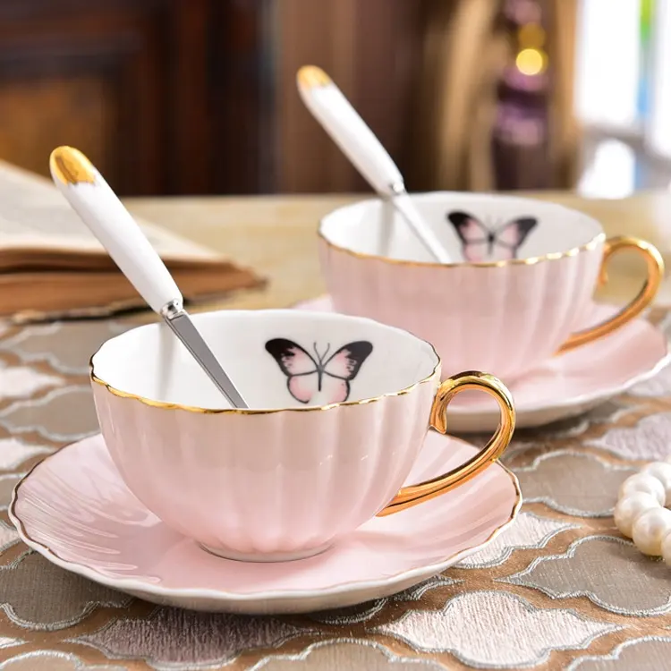 Xícaras de chá rosa de cerâmica espanhola, mini copos e molhadores de porcelana para presente de aniversário