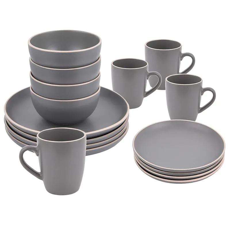 Grosir Set Peralatan Makan Keramik, Set Peralatan Rumah Makan Porselen Abu-abu