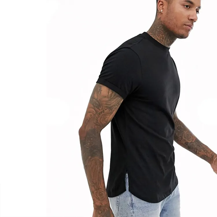 사용자 정의 전송 인쇄 일반 남성 T 셔츠 곡선 밑단 사이드 분할 블랙 100% 코튼 T 셔츠