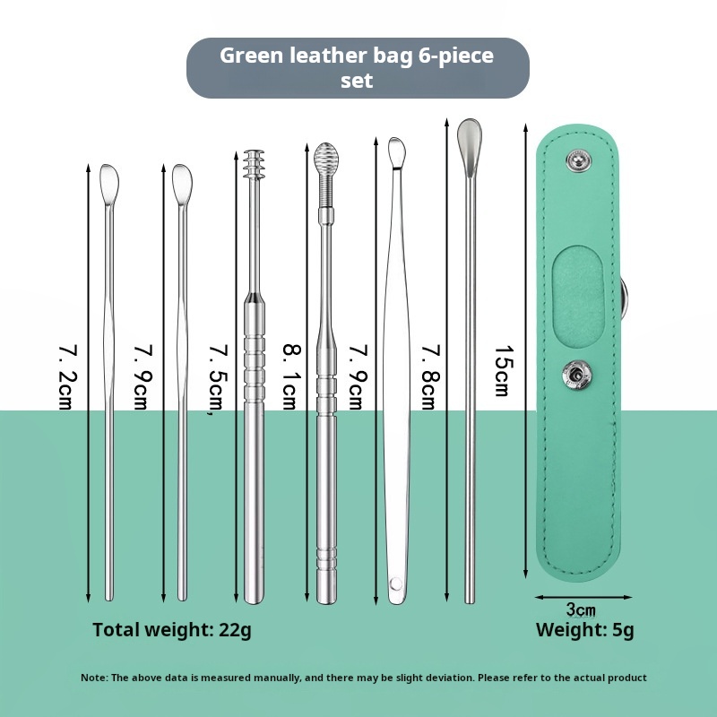 Green leather bag 6-piece set - silver handle