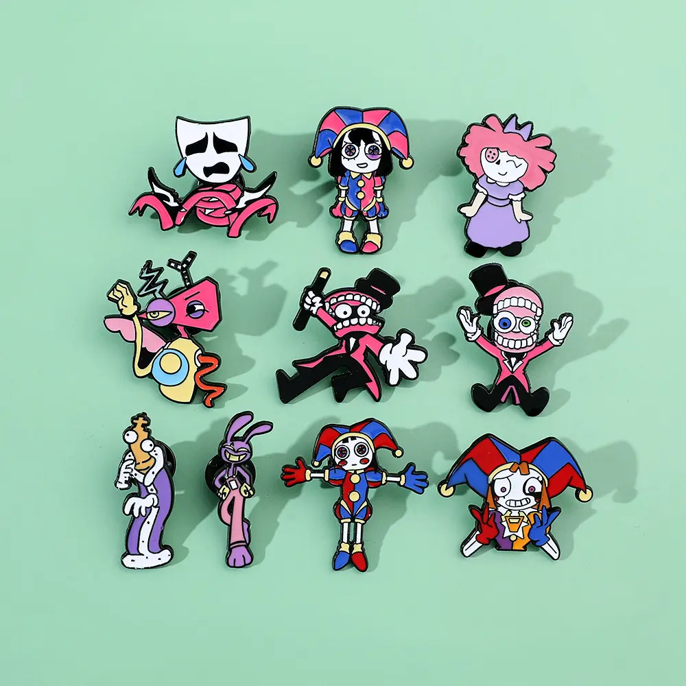 Nueva llegada 10 diseños de figuras de circo digitales increíbles broches de Metal dibujos animados magia circo aleación esmalte pines personalizados