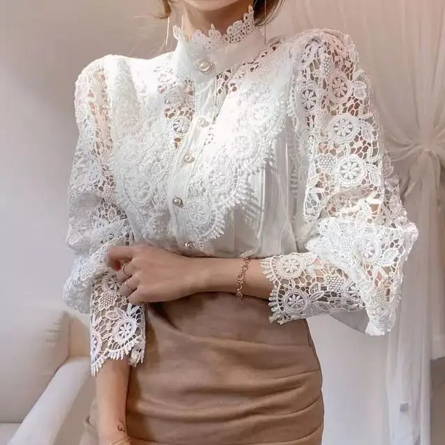 Hot Selling New Arrivals Lace Blouse women top  Long Sleeve skeleton Fashionable Casual Elegant Women Blouse shirt