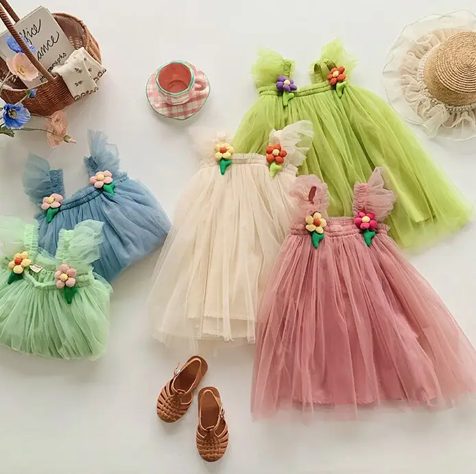 2024 Floral Layered Tulle Tutu Dress for Toddler Girls Baby Flower Girl's Wedding Dress Princess Skirt with Fly Sleeve Ball Gown