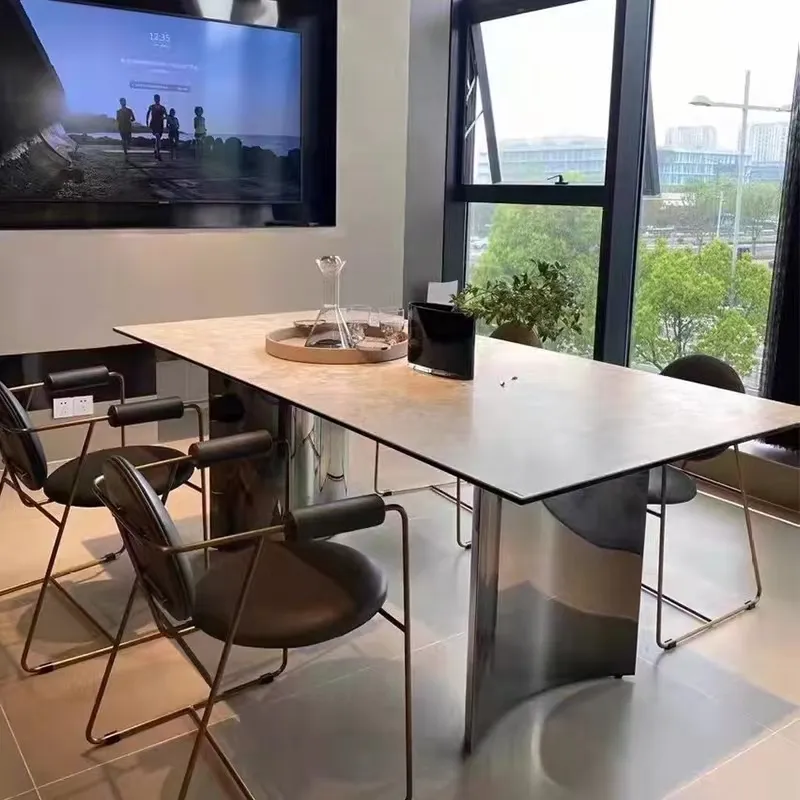 Mesa de comedor italiana, mueble moderno de acero inoxidable con espejo de mármol blanco, alto brillo, OEM ODM, 2021