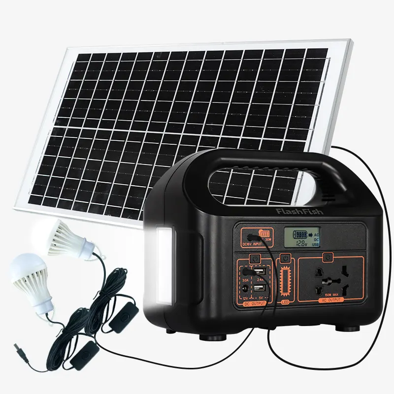 Precio bajo 150W Iluminación solar Sistema de energía Almacenamiento 110V 220V Fuera DE LA RED Estación de energía portátil de emergencia híbrida para el hogar