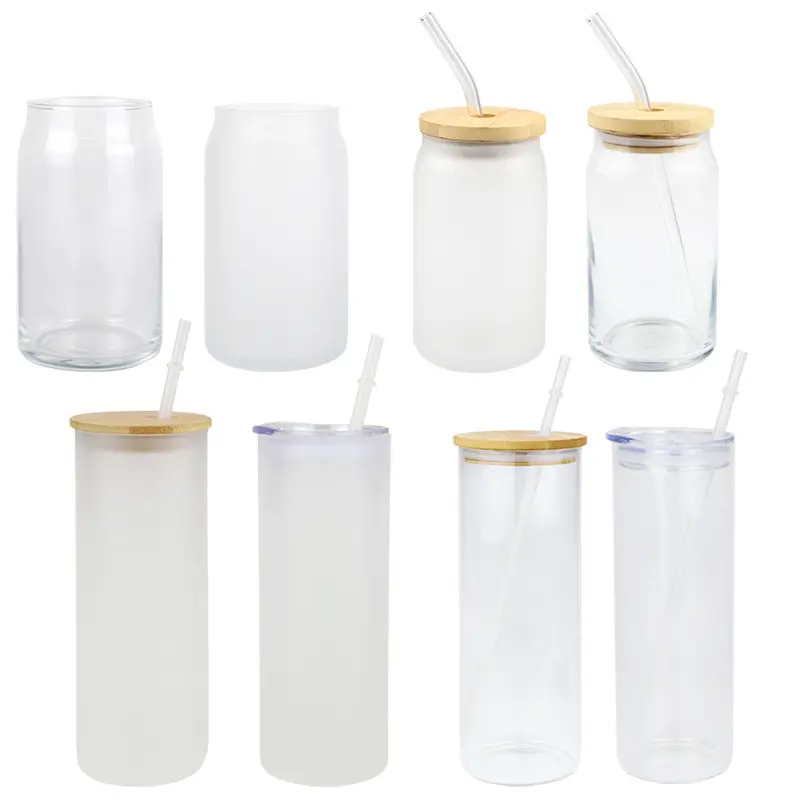 Vaso de vidrio esmerilado transparente con tapa de bambú, tarro de mason con pajita transparente, tazas de zumo, 12oz, 16oz, 25oz, sublimación