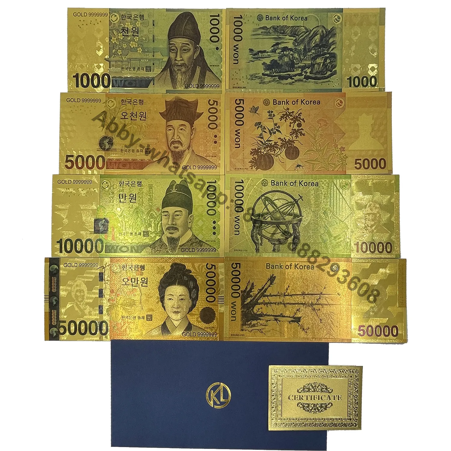 10 buah/pak uang kertas Korea berwarna 1000 5000 10000 50000 uang kertas berlapis emas KRW untuk hadiah koleksi
