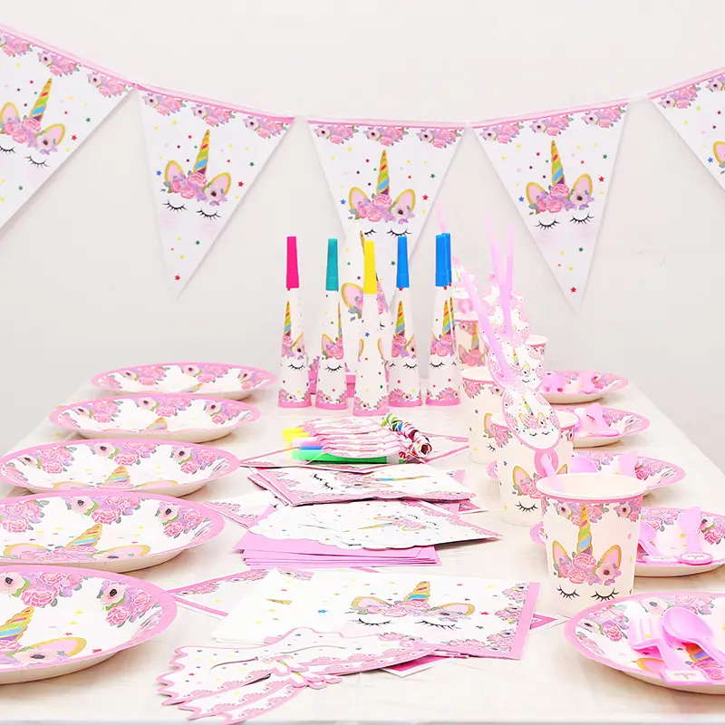 Juego de suministros de fiesta de unicornio decoraciones de cumpleaños platos de papel desechables, tazas, servilletas, pajitas, mantel de plástico