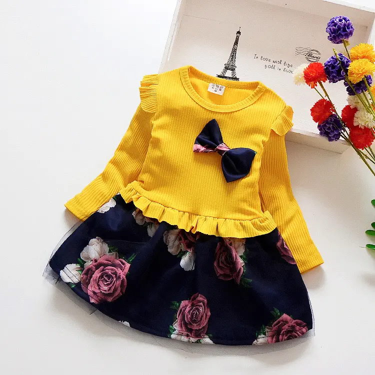 Kleinkind Baby Mädchen Frühlings kleid Blumen druck 2020 Winter Langarm Kleidung Kleine Mädchen Warme Kleider mit Schleife