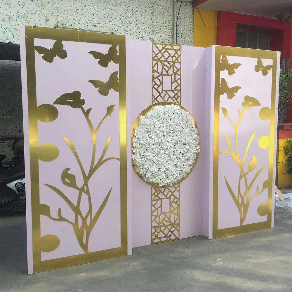 New Design Rectangle Elegant Gold PVC Acrylic Flower Stand Backdrop Stage Flower Backdrop for Wedding  Party Decorations