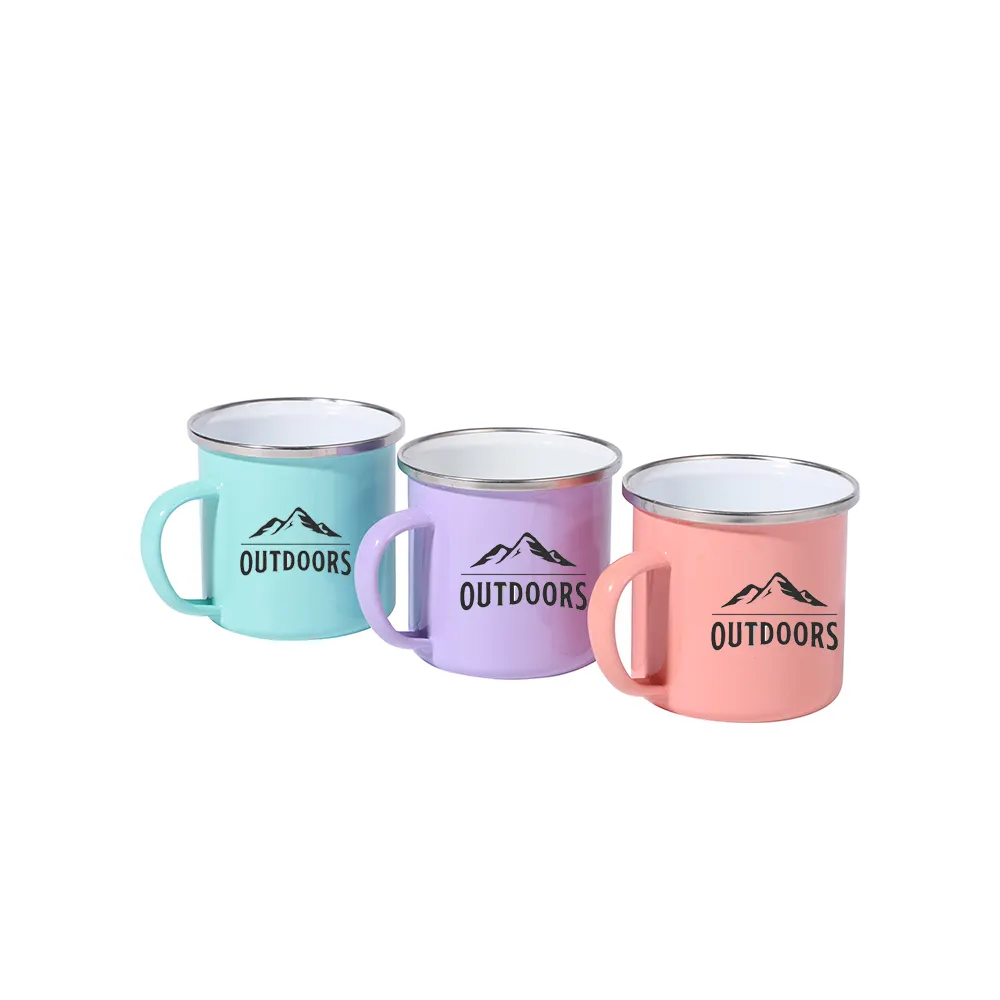 Commercio all'ingrosso all'ingrosso Logo personalizzato 12 oz 12 oz argento bordo bianco sublimazione tazza da caffè smalto Camp tazza per vacanze escursioni