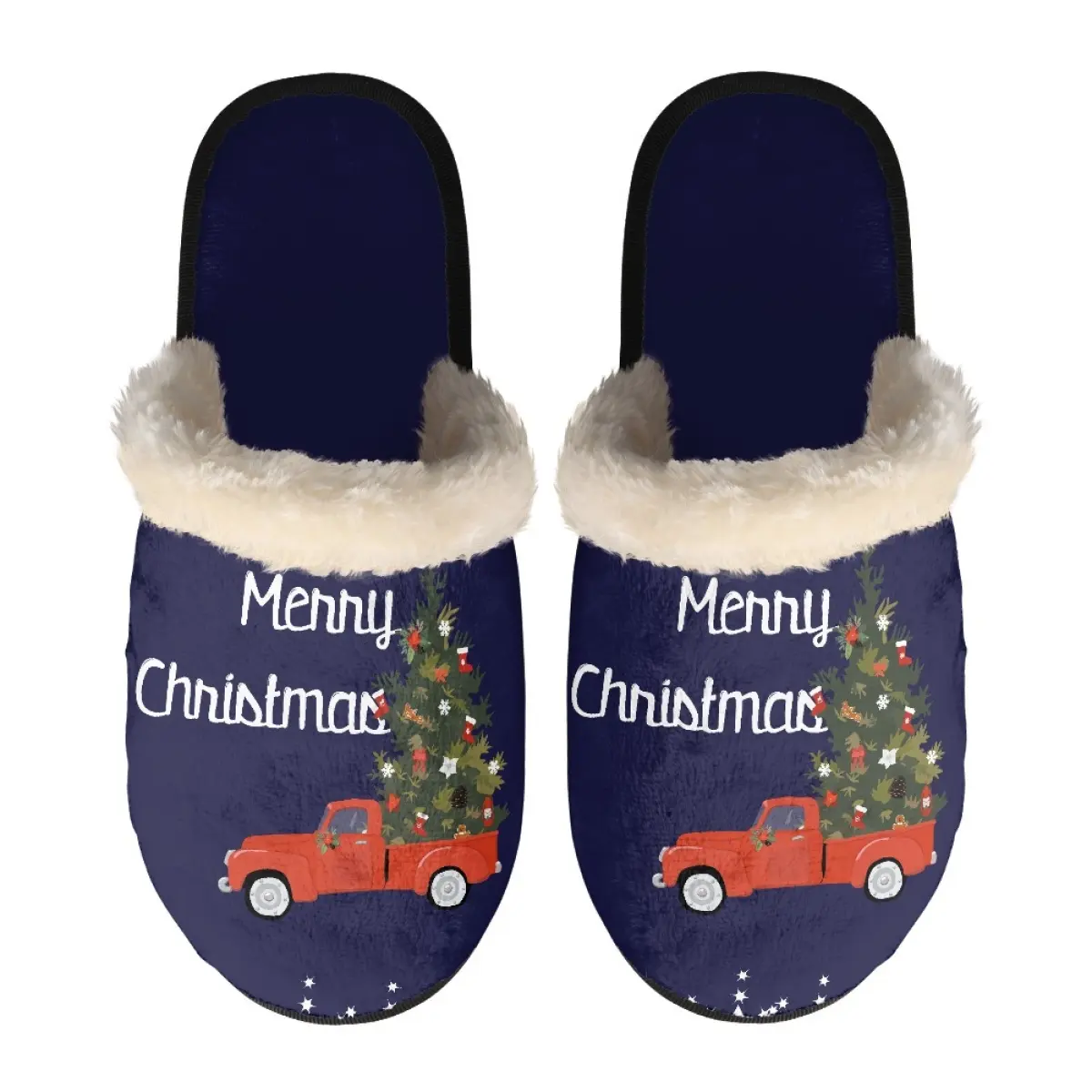 Merry Christmas Car Pine Tree Design Women's Cotton Slippers Winter Warm Soft Furry Slippers Cotton Shoes for Men Holiday Gifts