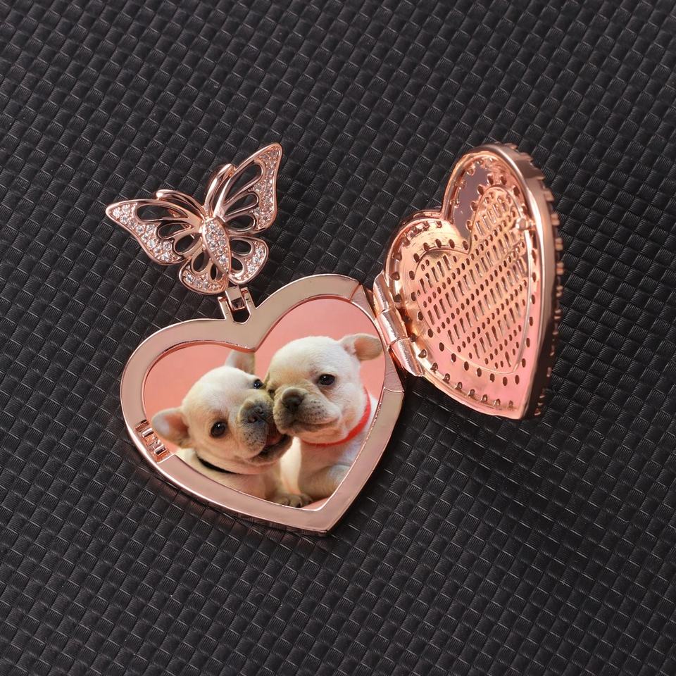 New Hip Hop Butterfly Hook Picture Necklaces Iced Out Brass Gold Plating Zircon Sublimation Photo Frame Memory Medallion Pendant