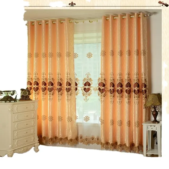 Hafei Luxurious Upscale Jacquard Yarn Blackout Curtains Peony Pattern Voile Door Window Curtains Living Room Bedroom Decor