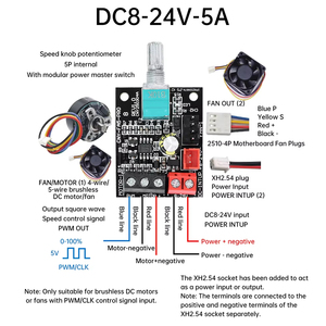 DC8-24V 5A 4-Draht gewalttätiger Lüfter Drehzahl regler Bürstenloser Gleichstrom motor 22KHz PWM Drehzahl regler mit Schalter 0-100% einstellbar - Product Image 2