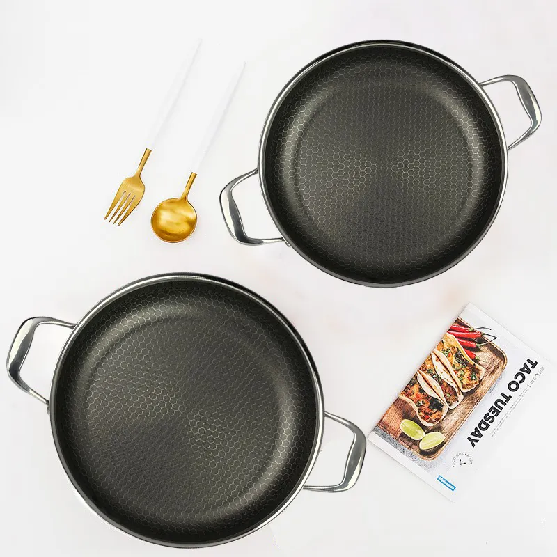 Panci Penggorengan bebas PFOA ramah lingkungan desain baru 24cm baja tahan karat makanan laut dapur Hybrid Korea memasak Paella Pan