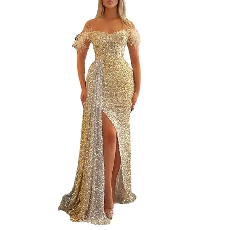 Y212007 donne Sexy con spalle scoperte senza spalline abito da festa senza maniche donna abiti da sera con paillettes abito con spacco dorato