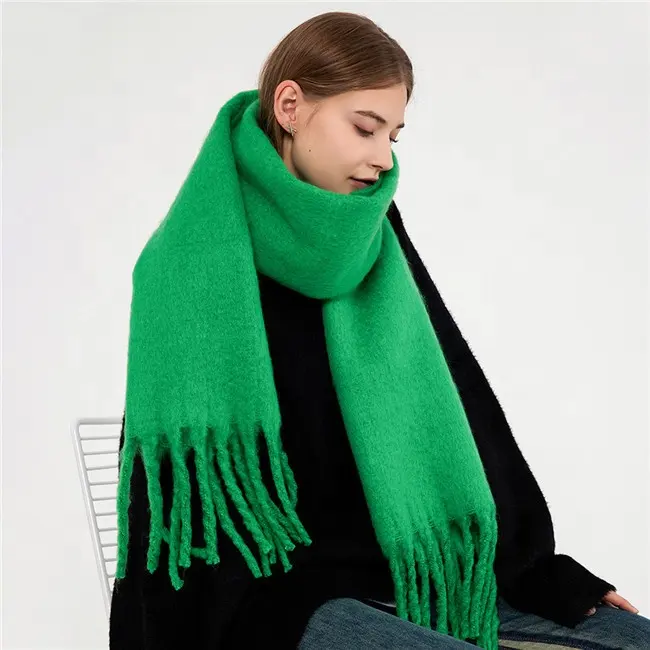 Однотонный женский кашемировый шарф большого размера на ощупь, Классический мягкий роскошный зимний теплый толстый шарф с большими кисточками