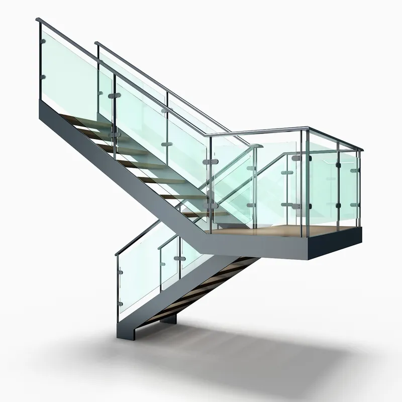 Customized Tempered Glass Railing Design Wood Tread Straight Staircase Double Plate Stringer Stairs