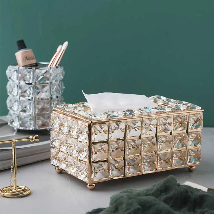 Wholesale Manufacturers High Quality Rectangular Beaded Metal Tissue Box Paper Acrylic Sumptuous Tissue Box