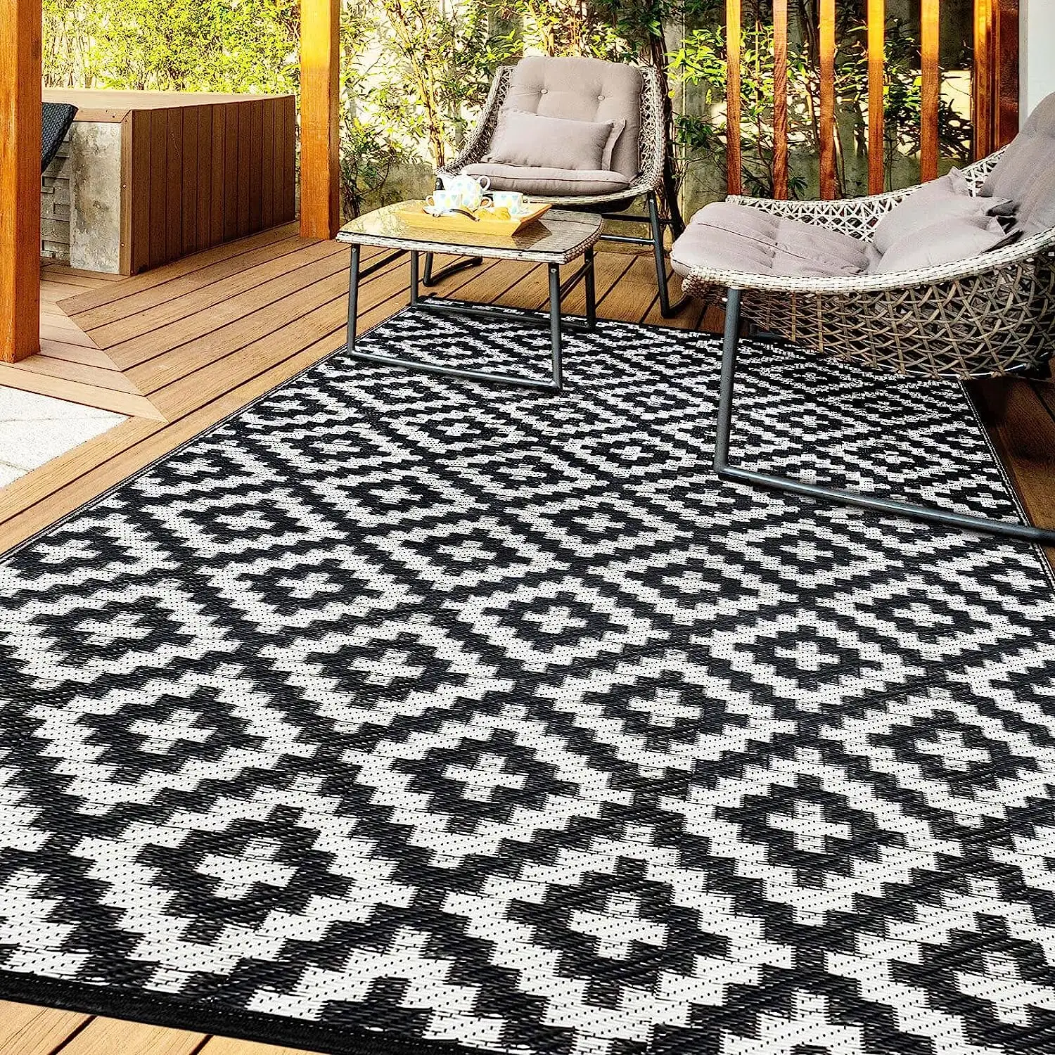 Super Setembro Hot Sale Padrão Geométrico 5x8ft Reversível Pátio Jardim Outdoor Plastic Straw PP Rug