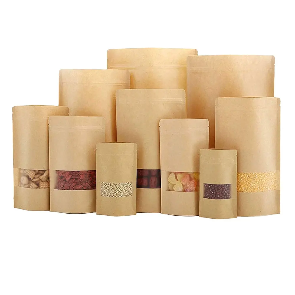 3 layer laminated Food paper bags Resealable Heat Sealable kraft paper Doypack Packaging Pouches Bag With Clear Window