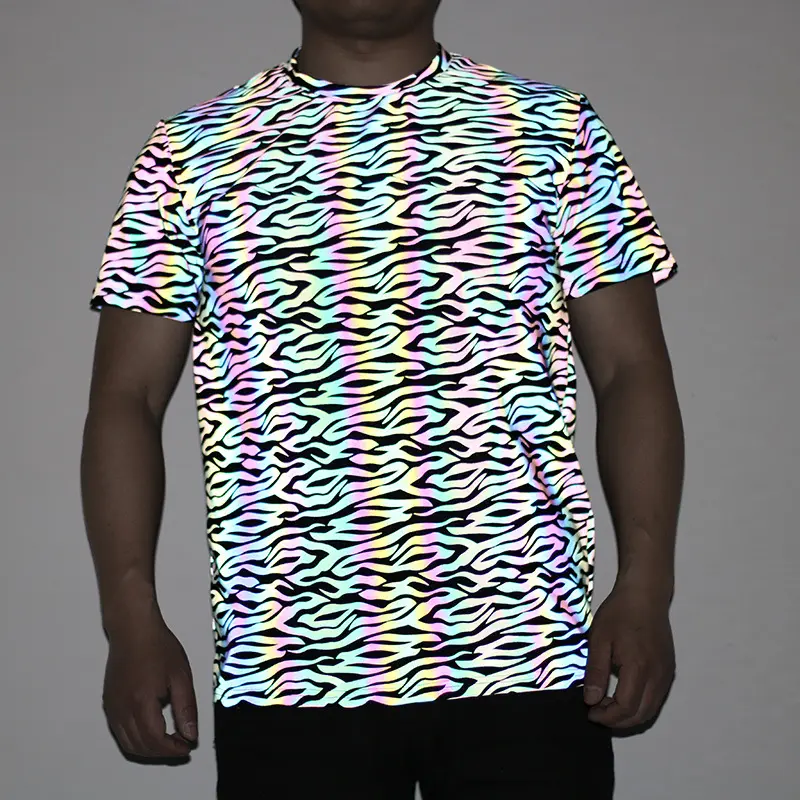 Hi vis zebra estampa solta luz spandex, gola redonda arco-íris reflexivo camisa de manga curta camiseta de segurança para homens e mulheres roupas