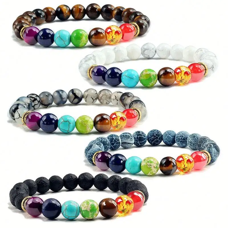 Braccialetto di perline colorate perline di pietra naturale Yoga valconico energia curativa pietra lavica 7 bracciale diffusore di Chakra