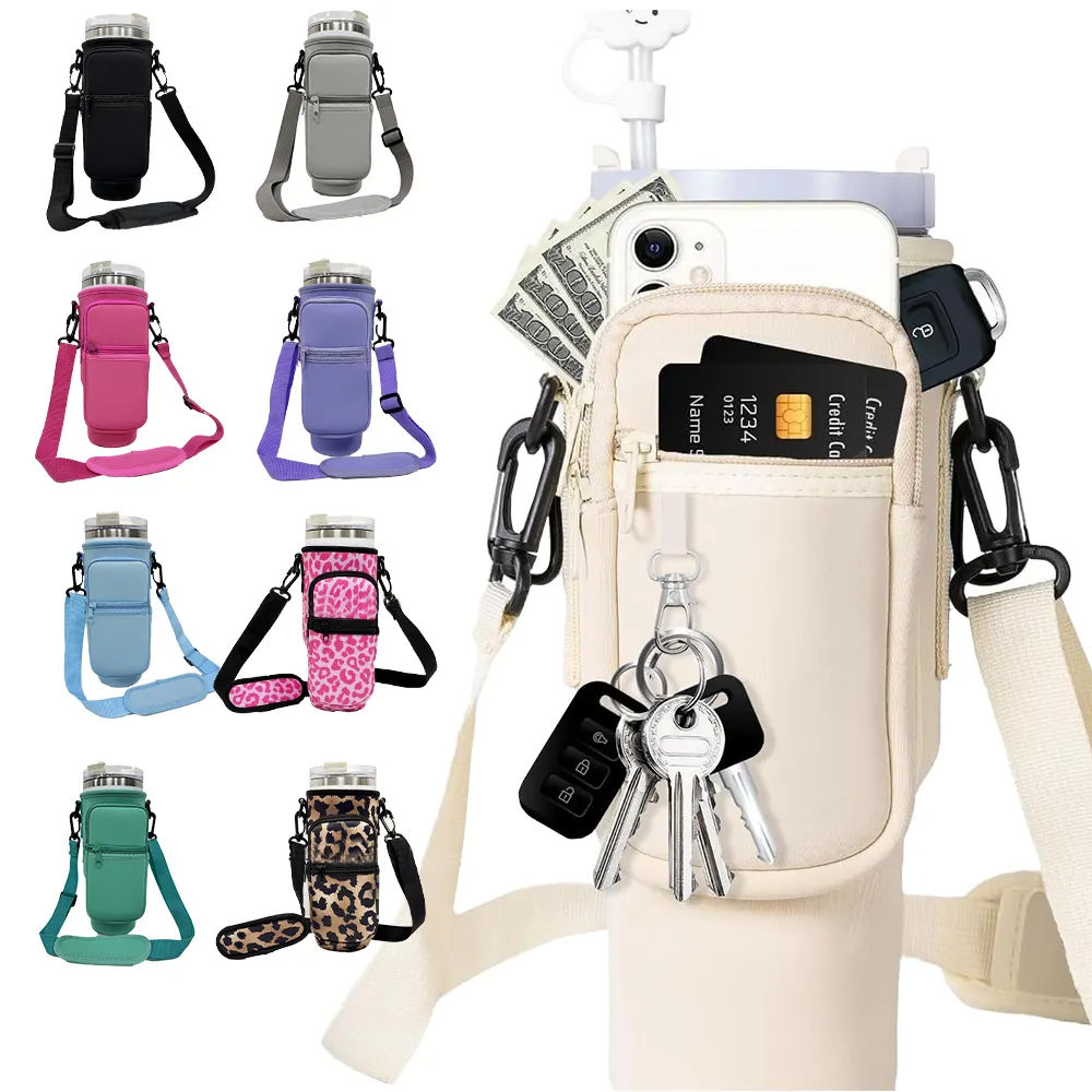 Spor bel çantası 40 OZ su şişesi taşıyıcı çanta ile telefon cebi için Stanley 40/30 oz Tumbler neopren su şişesi tek kollu çanta
