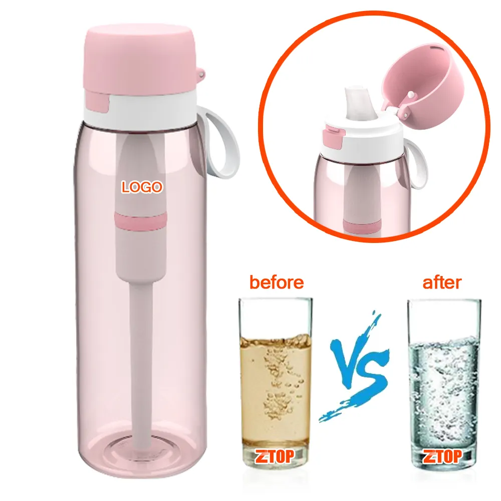 Venta al por mayor sin BPA caza al aire libre portátil de plástico Tritan botella de agua potable directa con filtro