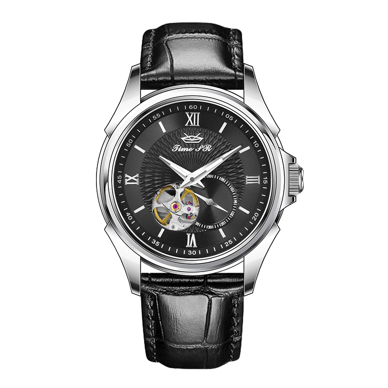 Cadran noir, bracelet noir, boîtier argenté