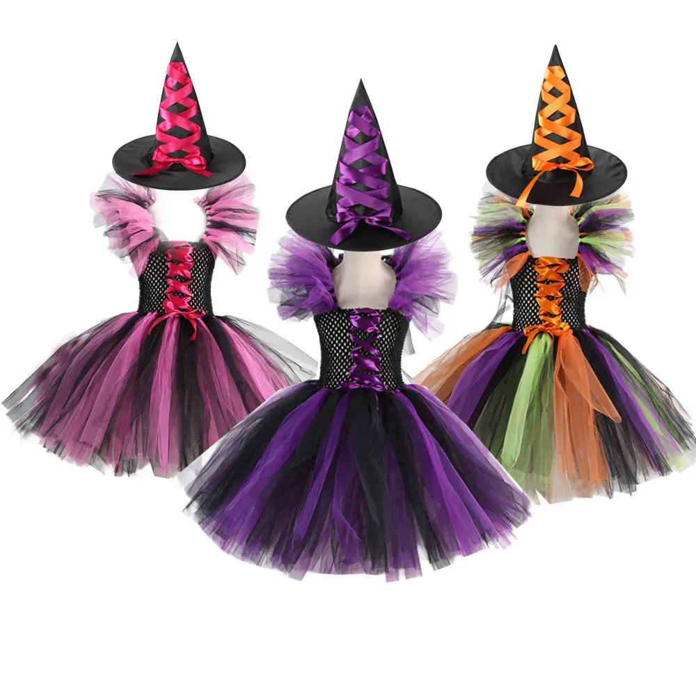 Nueva llegada niños disfraz bruja disfraz niñas Halloween tutú rodilla vestido con sombrero pantimedias carnaval Cosplay fiesta traje conjunto