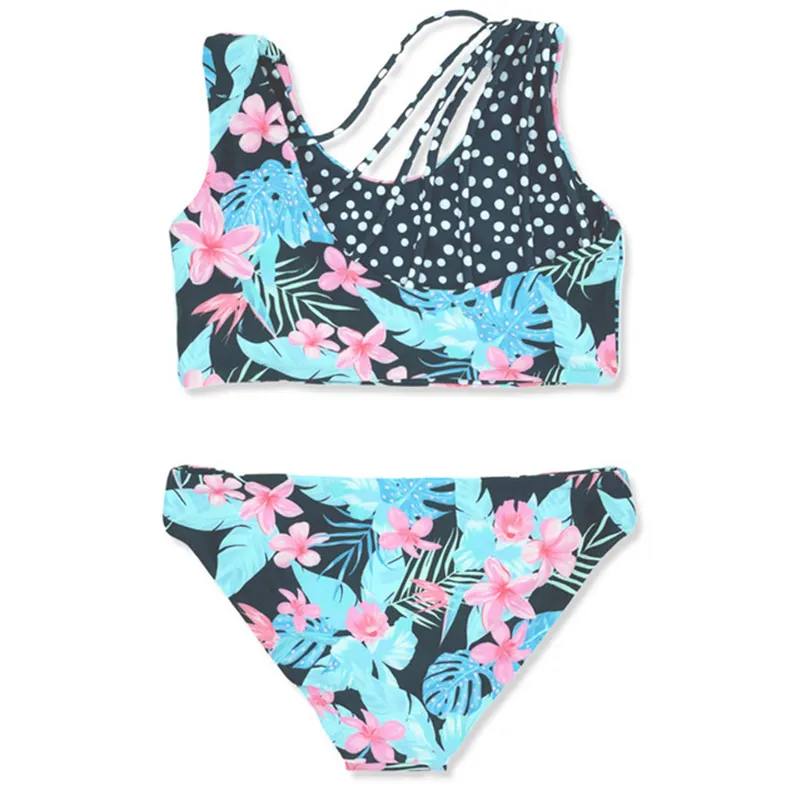 Conjunto de bikini de 2 piezas reversible con estampado de lunares y flores para niña, ropa de playa asimétrica, fabricante de trajes de baño